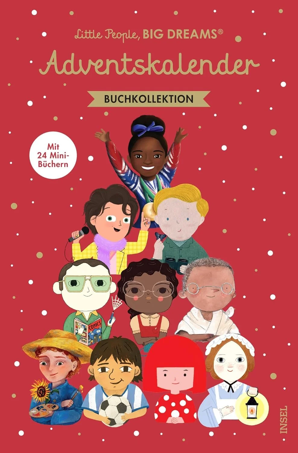 Ein roter Adventskalender der Kinderbuchreihe „Little People, BIG DREAMS“. Das Cover zeigt gezeichnete Porträts verschiedener berühmter Persönlichkeiten als Kinder und trägt den runden Hinweis „Mit 24 Mini-Büchern“.