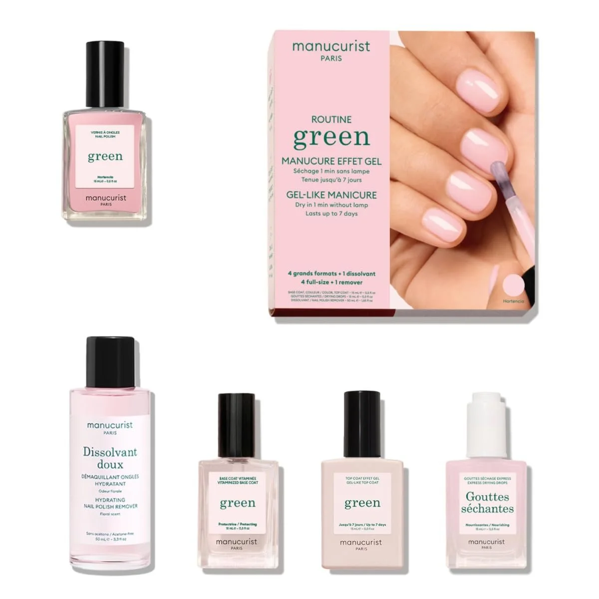Set „green ROUTINE“ von Manucurist in rosa Verpackung mit Hand-Foto. Daneben und darunter fünf Fläschchen: u. a. Farblack, Nagellackentferner (Dissolvant doux), Base/Top Coat und Trockner-Tropfen.