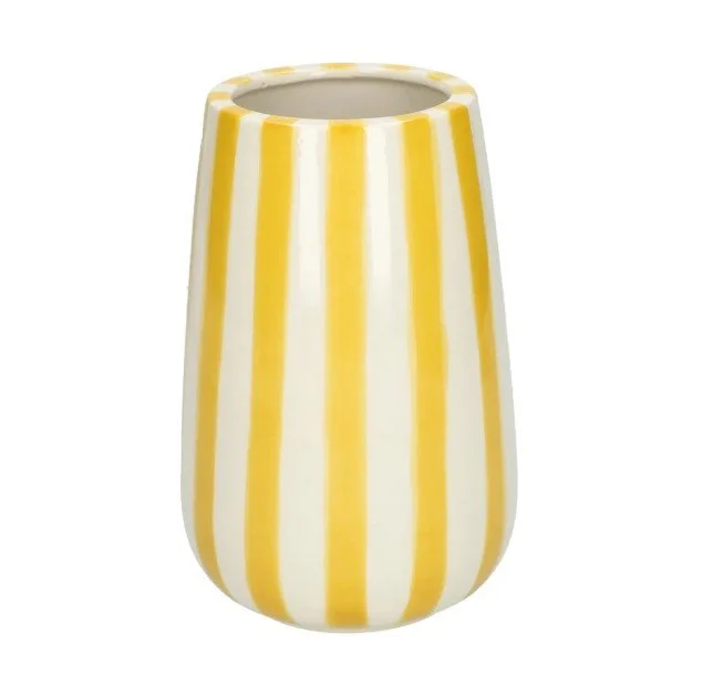 Hohe Keramikvase von Dille & Kamille mit vertikalen Blockstreifen in Sonnengelb und Weiß.