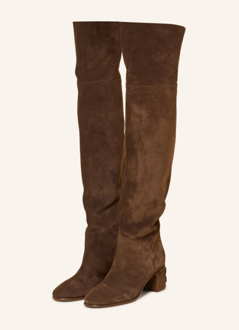 Paar braune Wildleder-Overknee-Stiefel mit Blockabsatz und spitzer Zehenkappe