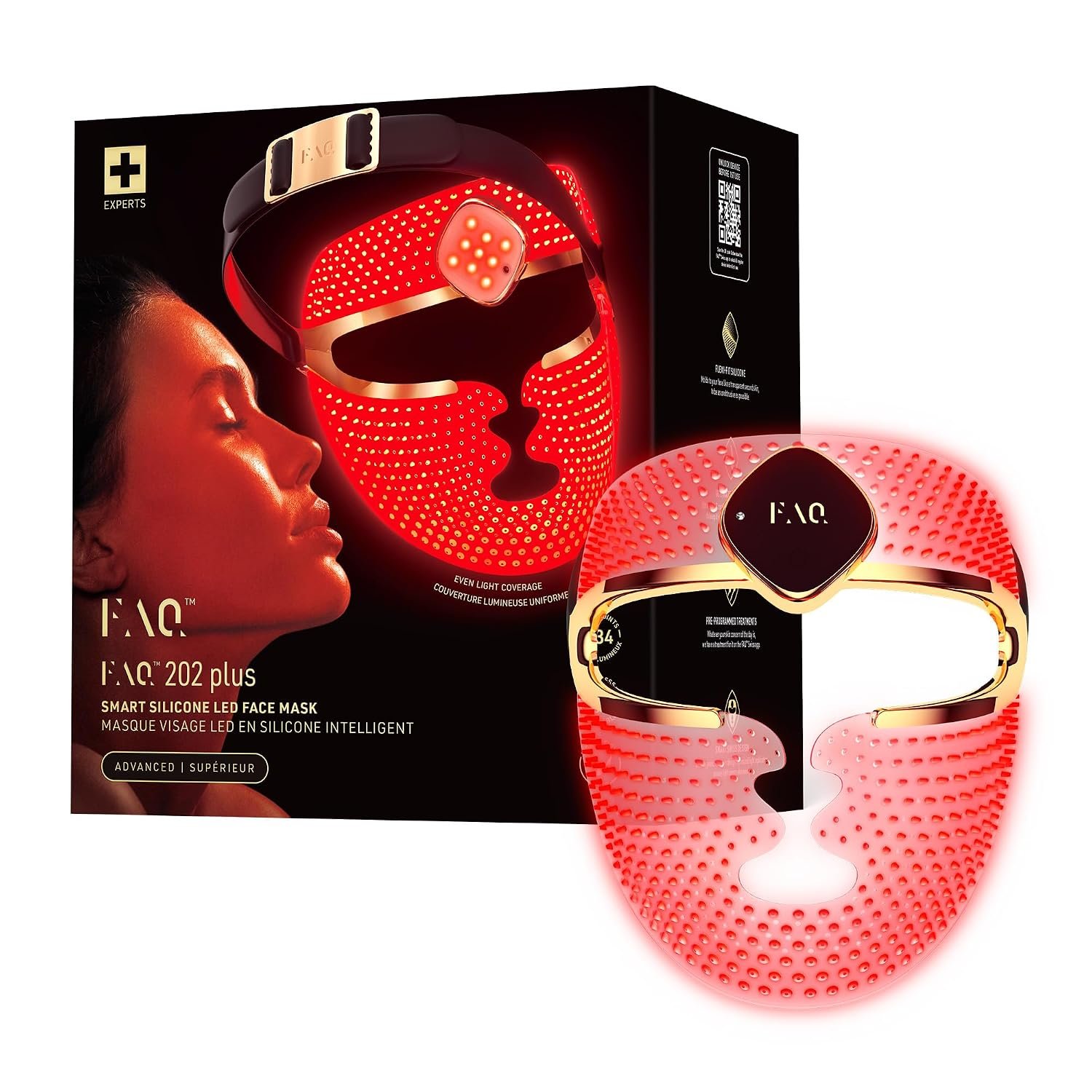 Verpackung und Produktfoto der FAQ 202 plus LED-Gesichtsmaske: seitliches Modellfoto mit rot leuchtender Maske und goldenem Stirnband, daneben die freistehende Maske in Gold-Rot-Optik mit sichtbarer LED-Punktstruktur.