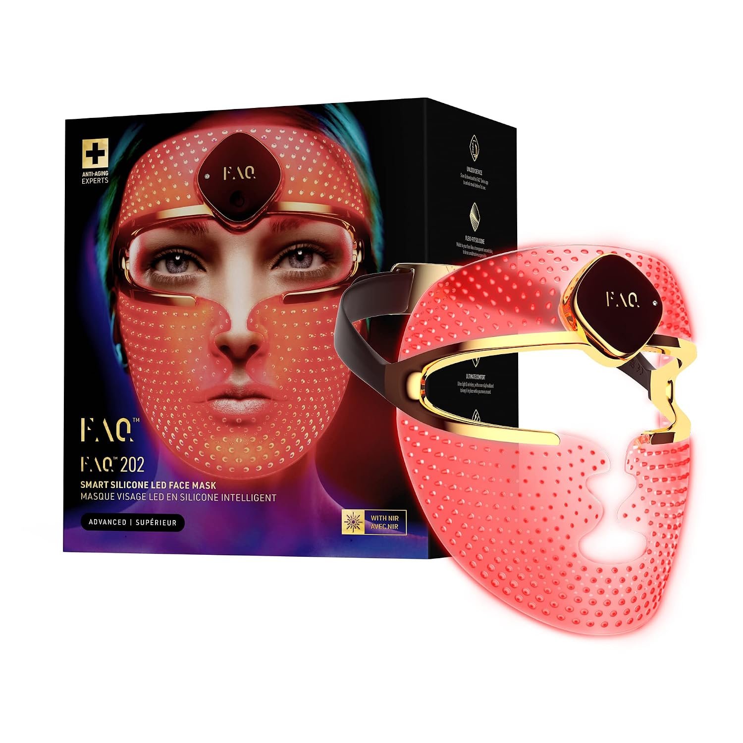 Verpackung und Produktfoto der FAQ 202 LED-Gesichtsmaske: Modell trägt die goldene Maske mit sichtbar aktiviertem rotem Licht und Stirn-Kontrolleinheit, daneben die freistehende Maske mit Gold-Rahmen und Kopfband, ebenfalls rot leuchtend.