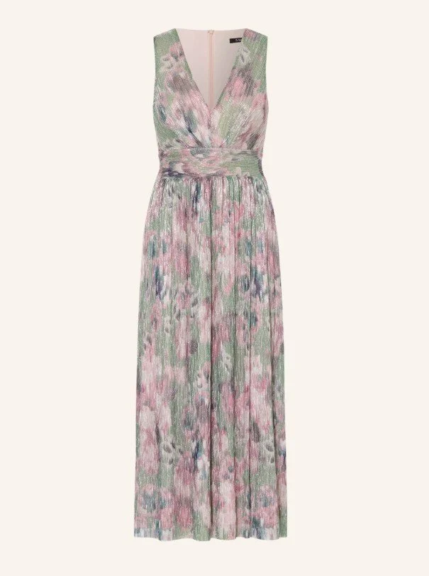 Maxikleid mit Blumenmuster in Rosa und Grün mit Glitzerfaden und V-Ausschnitt - Festliches Sommerkleid für Hochzeitsgäste 2026