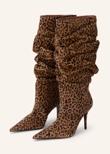 Geraffte Leopardenmuster-Stiefel mit Stöckelabsatz.