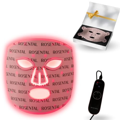 Rosentál LED-Gesichtsmaske mit aktiviertem rotem Licht und Aussparungen für Augen, Nase und Mund, daneben eine Geschenkverpackung mit goldener Schleife und das Steuergerät mit Display.