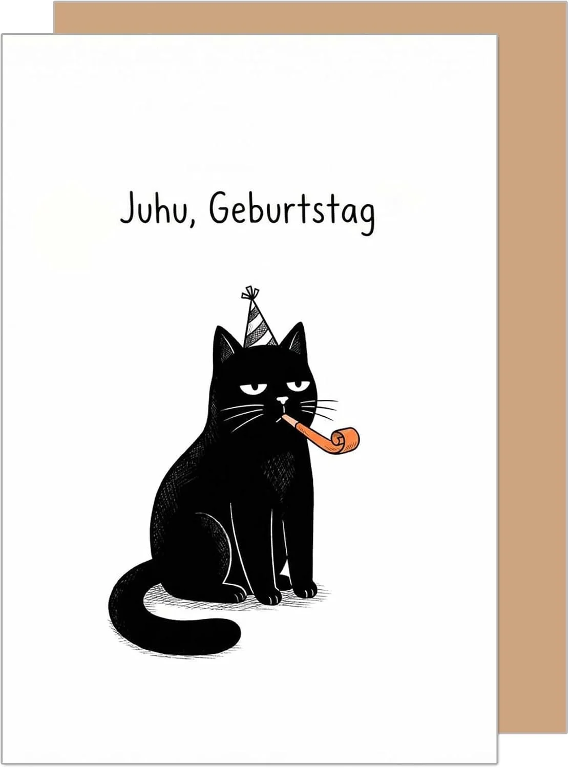 Weiße Geburtstagskarte mit Juhu Geburtstag Schriftzug und der Illustration einer mürrisch dreinblickenden schwarzen Katze mit Partyhut und orangefarbener Tröte