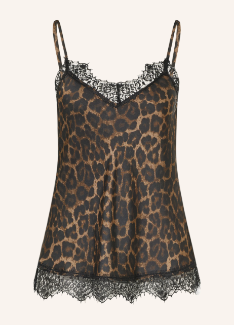 Camisole-Top mit Leopardenmuster und schwarzer Spitze am V-Ausschnitt und Saum vor hellem Hintergrund. Leicht glänzendes Trägertop mit Spaghettiträgern und fließendem Fall in A-Linie.