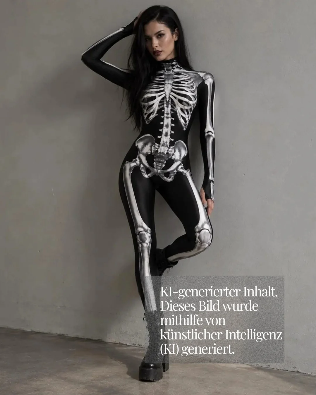KI-generiertes Bild einer Frau in einem schwarzen Skelett-Ganzkörperanzug vor einer Betonwand. Ein eingeblendeter Text weist auf die KI-Erstellung hin.