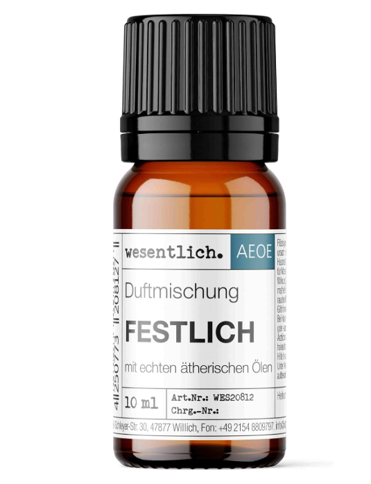 Kleines Fläschchen der Marke wesentlich. mit der Duftmischung "FESTLICH" (10 ml).