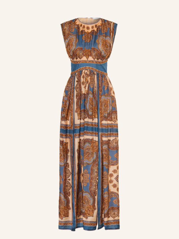 Ärmelloses Maxikleid mit Paisleymuster in Blau, Ocker und Creme
