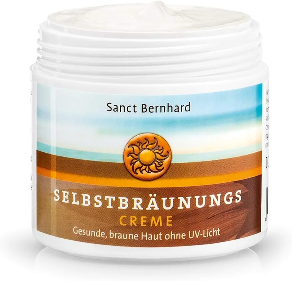 Weißer Tiegel der Sanct Bernhard "Selbstbräunungs Creme" mit sommerlichem Strandmotiv.