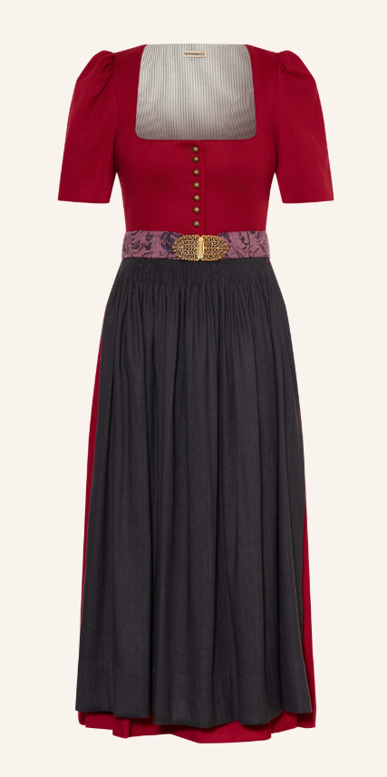 Dirndl mit knallrotem Mieder, kurzen Puffärmeln und Knopfleiste, gemustertem Gürtelband mit goldener Ornament-Schließe und weit fallendem, anthrazitfarbenem Rock.