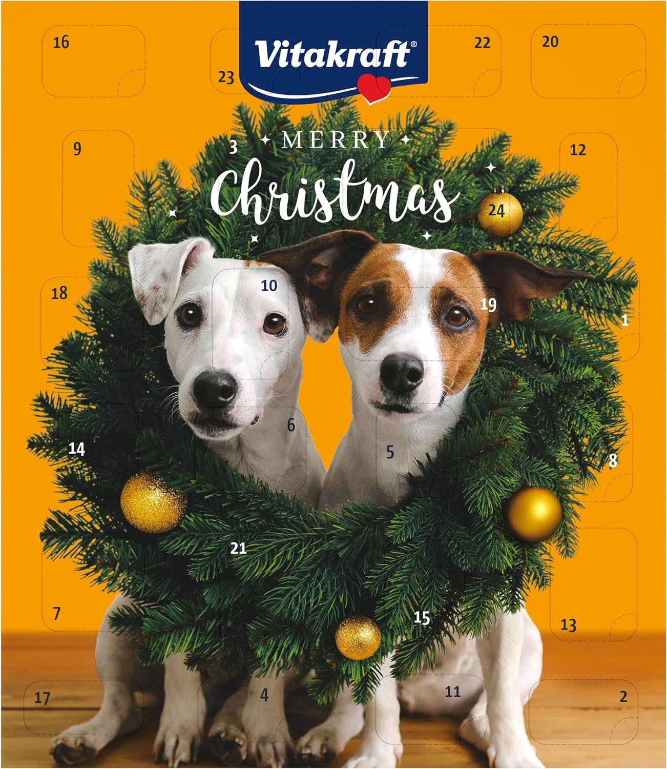 Ein orangefarbener Hunde-Adventskalender von Vitakraft. Das Motiv zeigt zwei kleine Hunde, die gemeinsam durch einen festlich geschmückten Weihnachtskranz blicken, ergänzt durch den weißen Schriftzug „MERRY Christmas“.