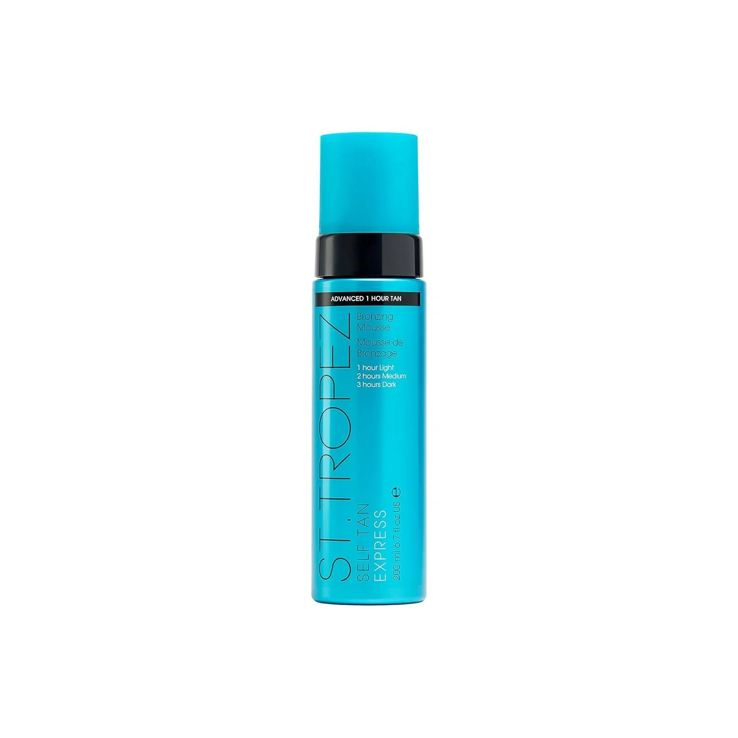 Hellblaue Pumpsprühflasche des St. Tropez "Self Tan Express" Bronzing Mousse.