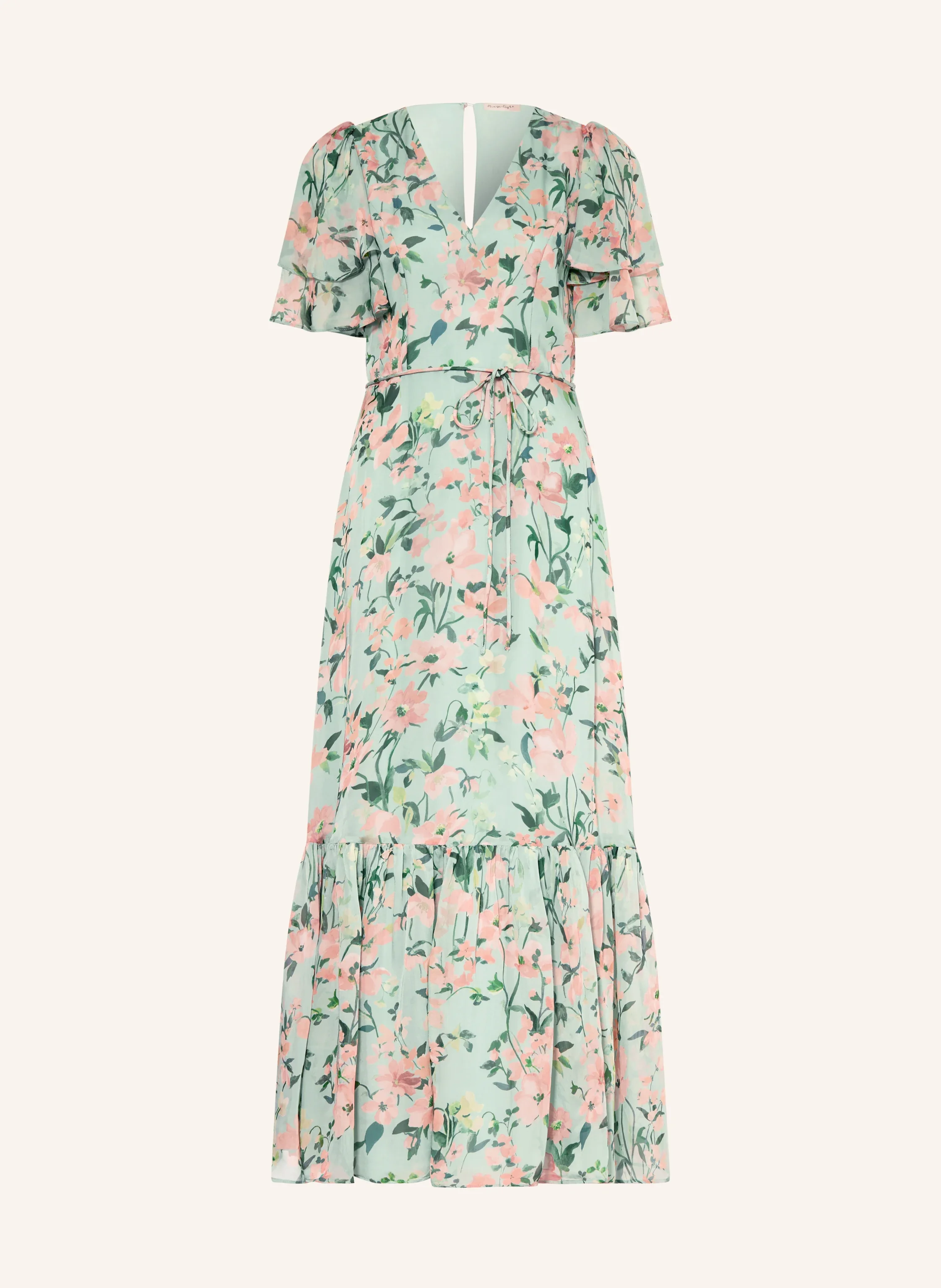 Romantisches, mintgrünes Brautjungfernkleid mit floralem Print, V-Ausschnitt und verspielten Ärmeln. Eine sommerliche und zugleich günstige Wahl für jede Hochzeitsgesellschaft.