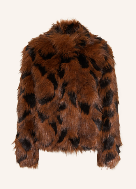 Rückansicht einer kurzen, voluminösen Kunstpelzjacke mit einem braun-schwarzen Muster im Animal-Print-Stil.