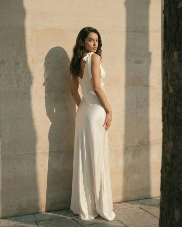 Rückenansicht einer Frau in einem bodenlangen, weißen Satin Slip Dress mit eleganten Schleifenträgern, die im warmen Sonnenlicht vor einer Steinwand steht.