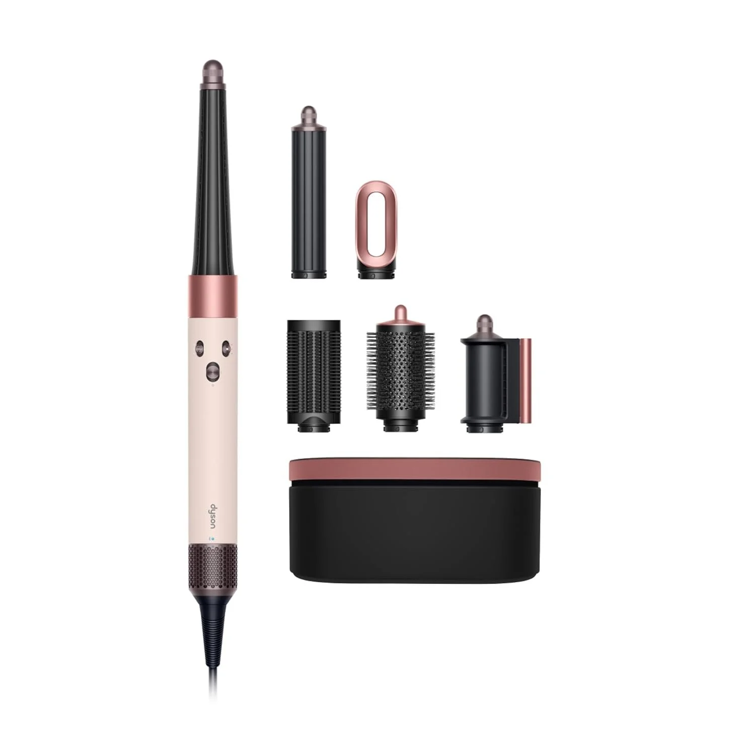 Dyson Airwrap Multi-Styler in Beige und Roségold. Neben dem Handstück liegen fünf verschiedene Styling-Aufsätze (Bürsten, Lockenwickler) sowie eine schwarze Aufbewahrungsbox.