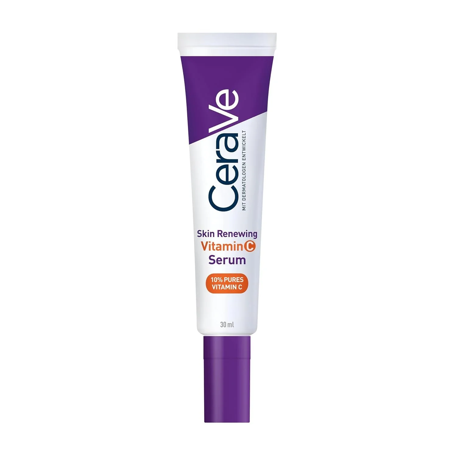 Eine Tube des CeraVe Skin Renewing Vitamin C Serums vor weißem Hintergrund.
