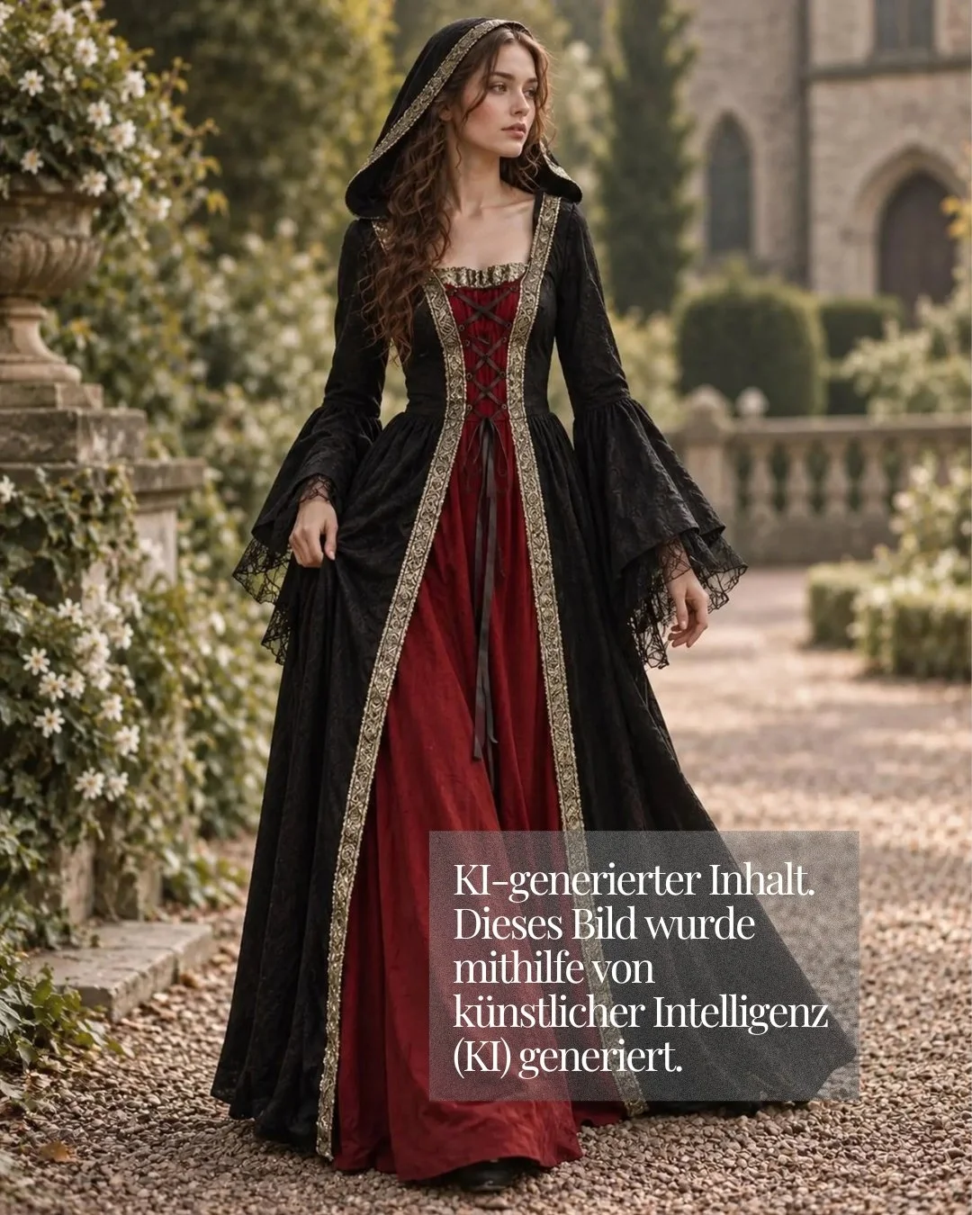 KI-generiertes Bild mit Frau in mittelalterlich anmutenden, schwarz-roten Kleid mit Kapuze, weiten Ärmeln und goldener Bordüre, die in einem Schlossgarten steht.