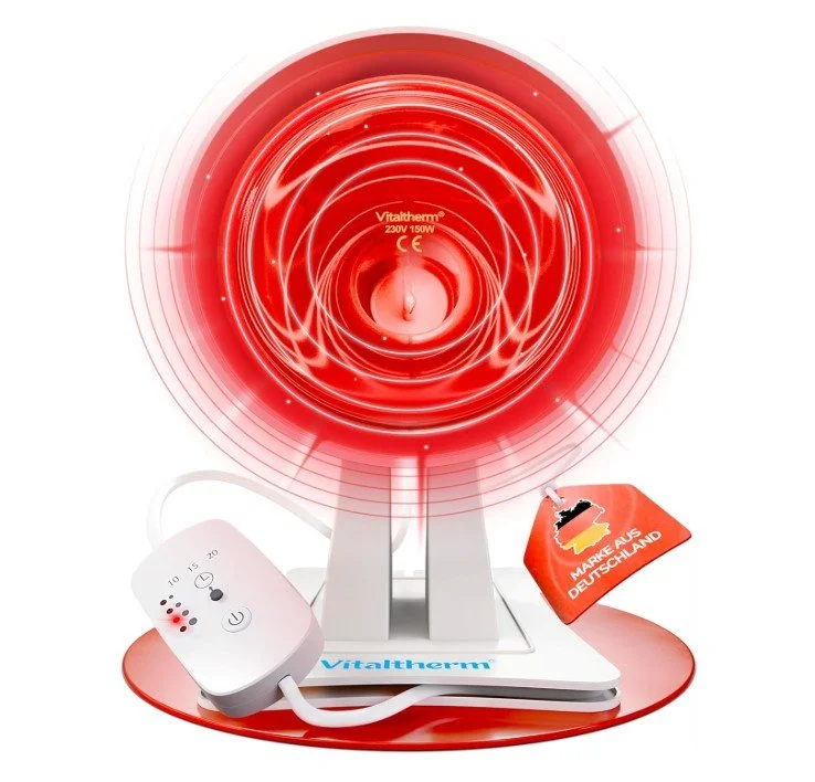 Rotlichtlampe mit intensivem Infrarotlicht und Timer-Steuerung, medizinisches Wärmelichtgerät zur Rotlichttherapie bei Schmerzen, Muskelverspannungen und Erkältungssymptomen, freigestellt auf weißem Hintergrund.