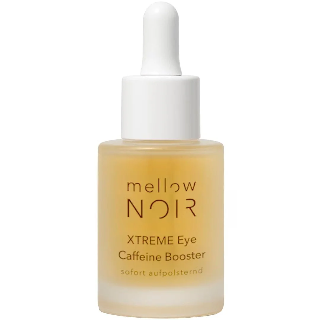 mellow NOIR Xtreme Eye Caffeine Booster: bernsteinfarbene Pipettenflasche mit weißem Tropfaufsatz