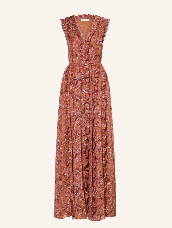 Maxikleid in Terrakotta mit Blumenmuster und Volants - Boho Hochzeitsgast Trend 2026
