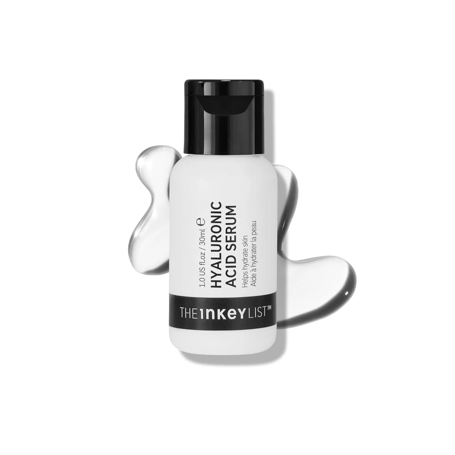 THE inkey LIST Hyaluronic Acid Serum (30ml) Flasche auf klarem Serum-Pool vor weißem Hintergrund.