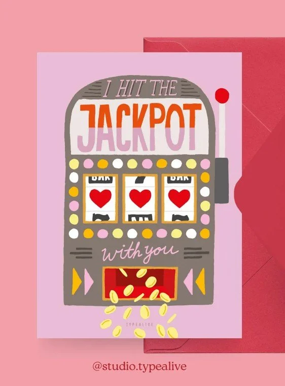 Lustige Valentinstag Postkarte mit Slotmaschine und dem Spruch „I hit the jackpot with you“ – originelles Valentinstag Geschenk für Partner oder Verliebte mit Humor.