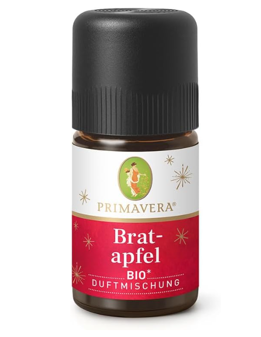 Primavera Bio-Duftmischung "Bratapfel" in einem kleinen Fläschchen mit rotem, festlichem Etikett.