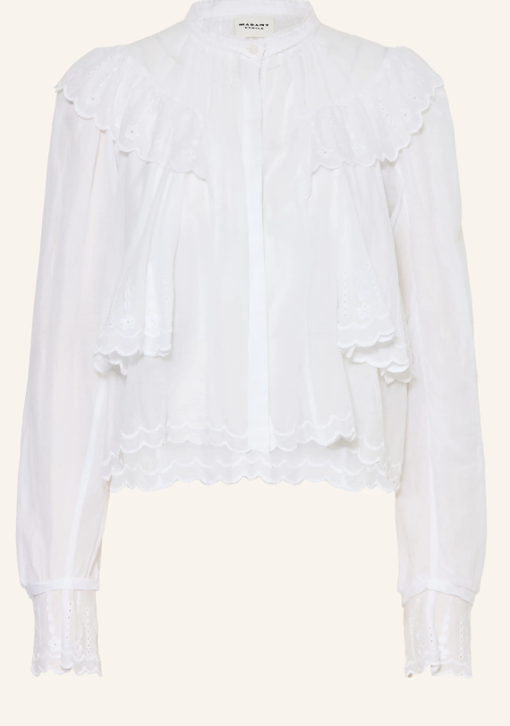 Weiße Baumwollbluse mit Lochstickerei, mehrlagigem Cape-Rüschenkragen über den Schultern und gezacktem Saum.