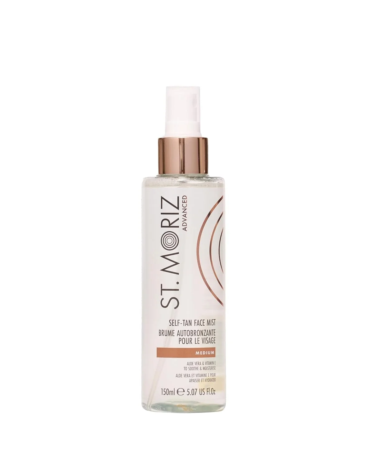 Transparente Sprühflasche des St. Moriz "Self-Tan Face Mist" (Medium) mit roségoldenen Details.