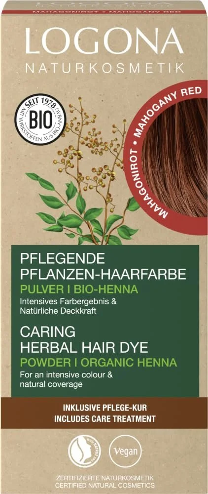 Naturfarbene Verpackung der Logona Pflegenden Pflanzen-Haarfarbe (Pulver, Bio-Henna), Farbton Mahagonirot, inklusive Pflege-Kur.