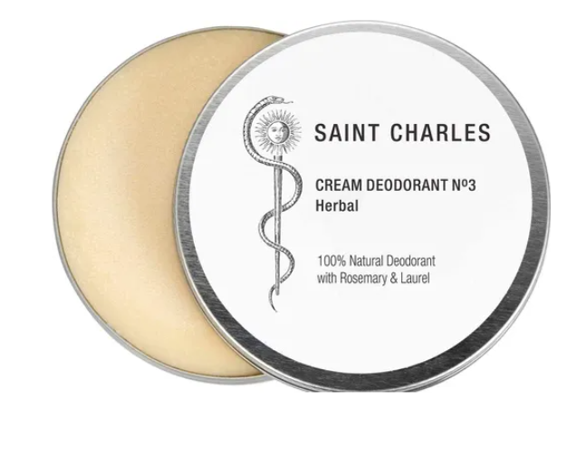 Runde Metalldose von Saint Charles mit geöffnetem Deckel, sichtbarer cremefarbener Deocreme und der Aufschrift „Cream Deodorant No3 Herbal – 100% Natural Deodorant with Rosemary & Laurel".