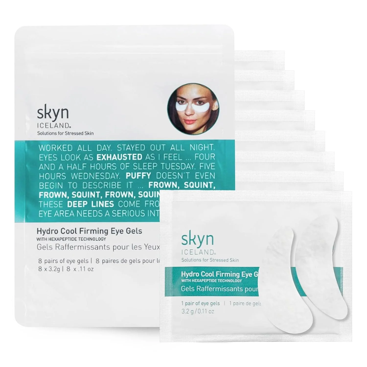 Verpackung der skyn ICELAND Hydro Cool Firming Eye Gels. Zu sehen ist der große weiße und türkisfarbene Hauptbeutel, mehrere kleine Einzel-Sachets sowie ein Paar weiße, mondsichelförmige Augenpads im Vordergrund.