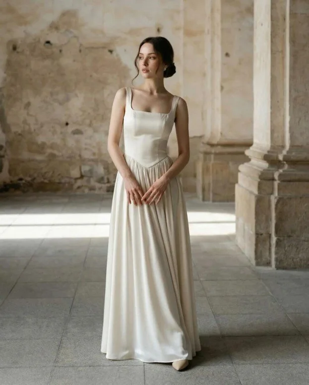Braut in einem schlichten, minimalistischen Satin-Brautkleid mit eckigem Ausschnitt und weitem Rock, die in einem historischen Gebäude mit Steinsäulen steht.