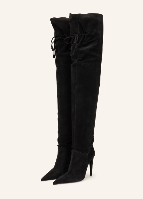 Paar schwarze Wildleder-Overknee-Stiefel mit hohem Stiletto-Absatz und Kordelzug