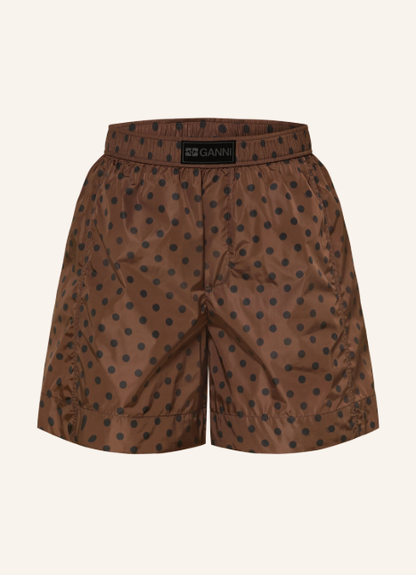 Braune Shorts mit schwarzen Punkten und elastischem Logobund.