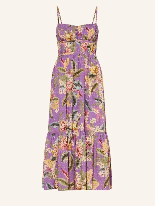 Midi-Kleid mit Blumenmuster in Lila mit Spaghettiträgern und geraffter Taille - Exotischer Sommer-Trend für Hochzeitsgäste 2026