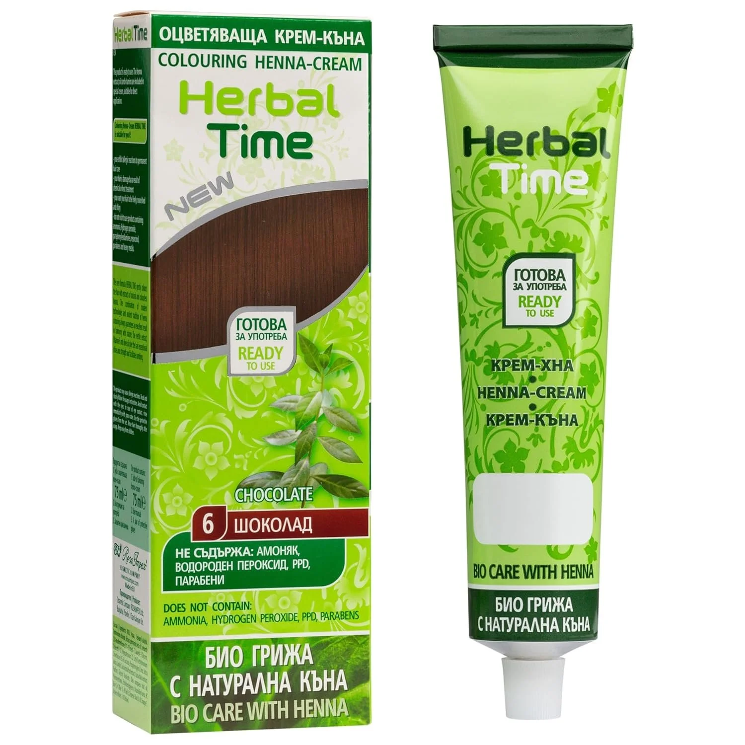 Verpackung und Tube der Herbal Time Colouring Henna-Cream im Farbton Schokolade (Nr. 6), Beschriftung auf Bulgarisch und Englisch.