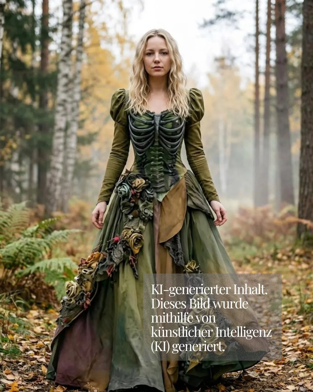 blonde Frau trägt ein grün-braunes Kleid. Das Oberteil ist mit einer markanten Skelett-Rippenbogen-Struktur versehen. Der Rock von künstlichen Rosen geziert.
