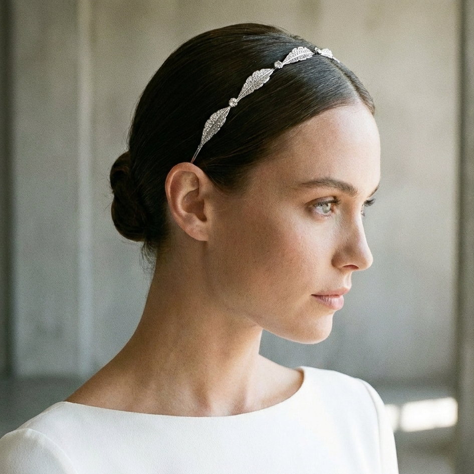 Profil einer modernen Braut im schlichten Kleid mit einem filigranen, silbernen Diadem für die Hochzeit.