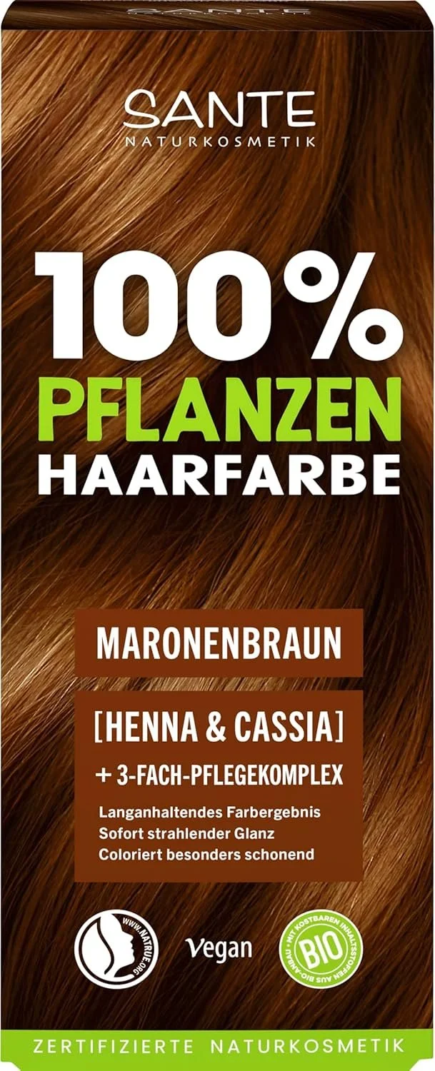 Verpackung der Sante 100 % Pflanzenhaarfarbe Maronenbraun mit Henna und Cassia, Hintergrundfoto von glänzendem kupferbraunem Haar.