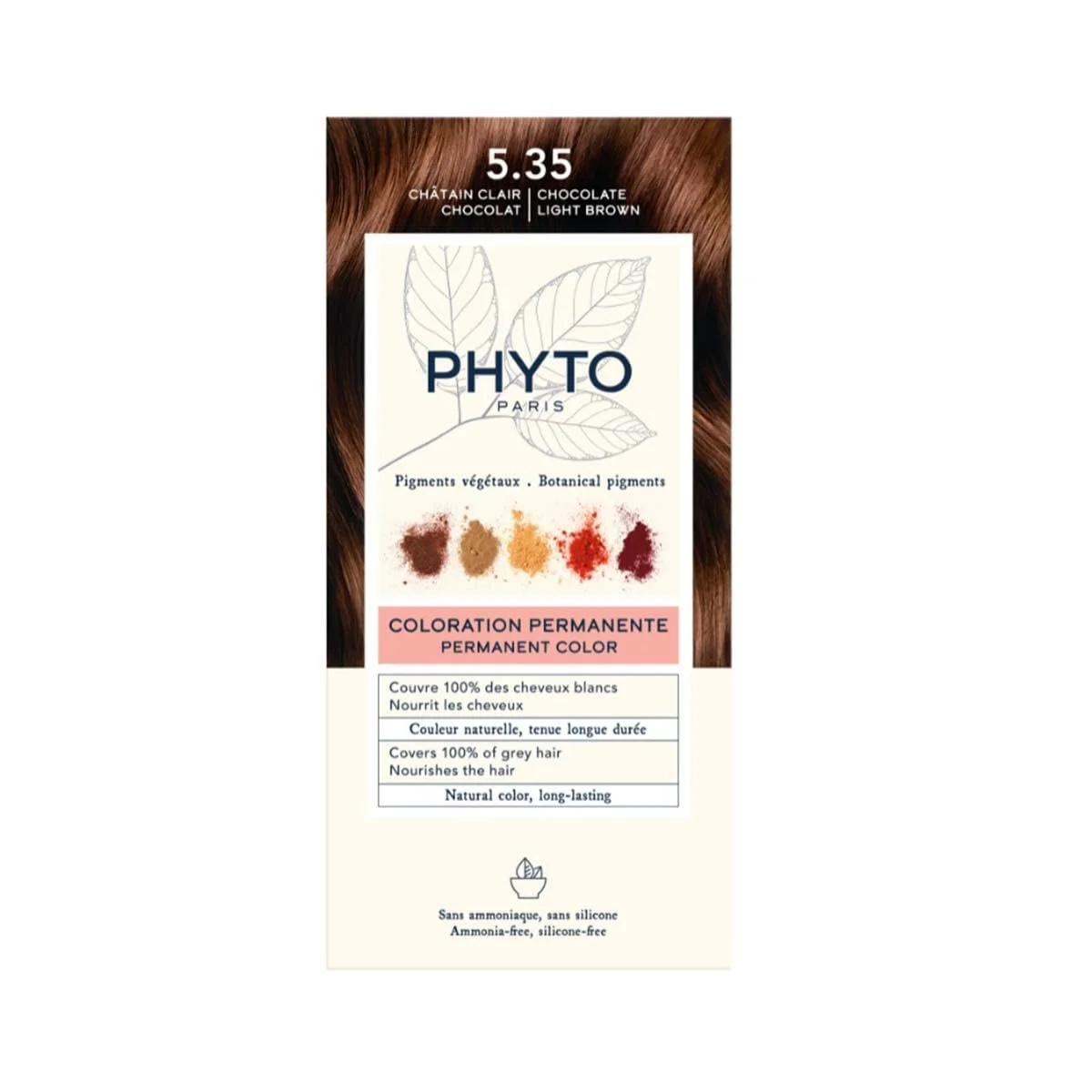 Verpackung von Phyto Paris Coloration Permanente, Farbton 5.35 Châtain Clair Chocolat, mit Farbpigment-Pulver-Muster in Braun-, Gold- und Rottönen.