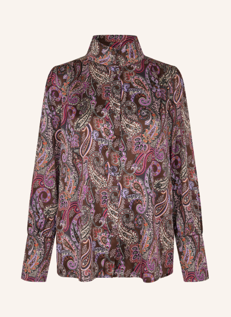 Braune Bluse mit Stehkragen und Paisleymuster in Pink, Lila und Orange