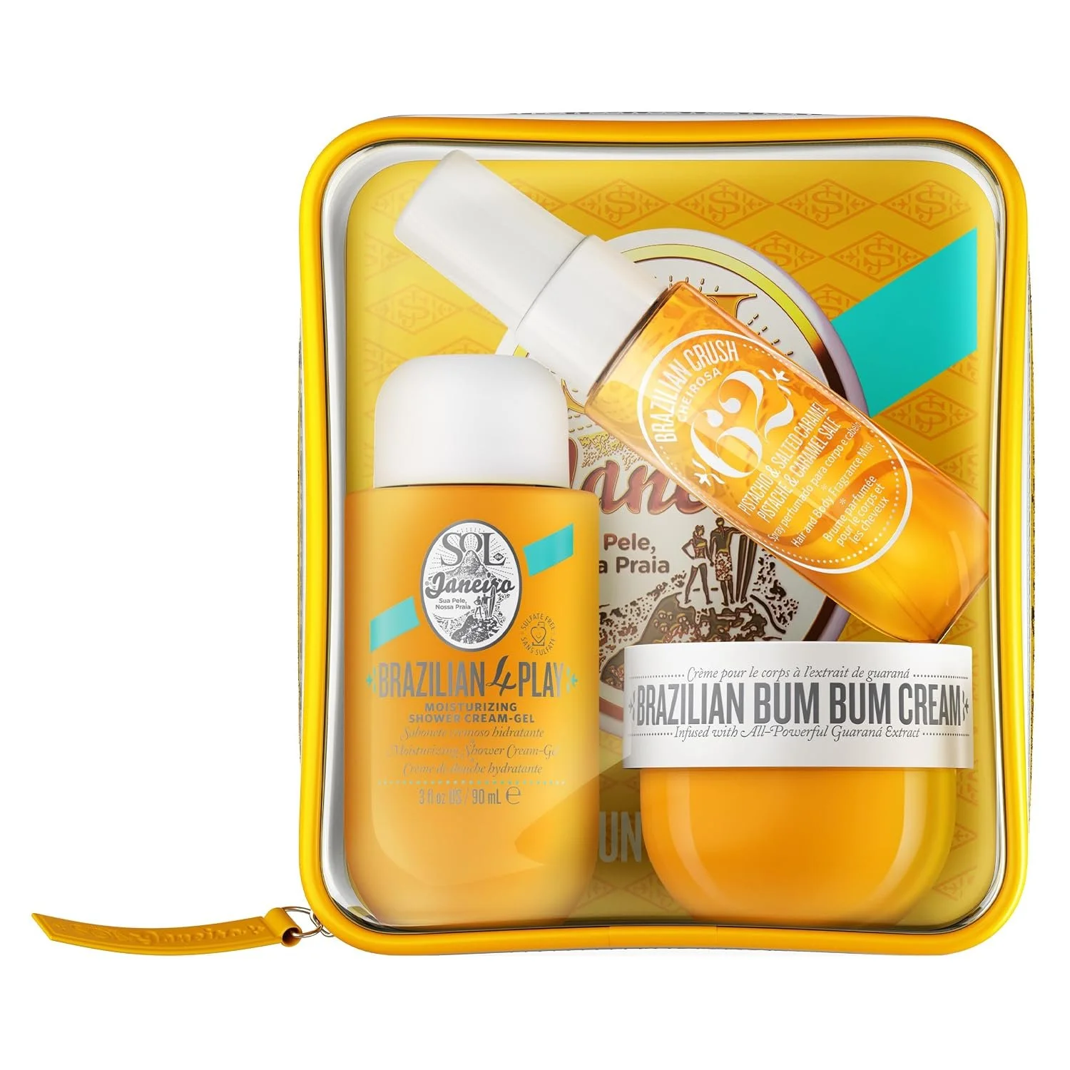 Gelbes Sol de Janeiro Geschenkset in transparenter Tasche. Es enthält Duschgel, das Bodyspray Cheirosa '62 und einen Tiegel der Brazilian Bum Bum Cream.