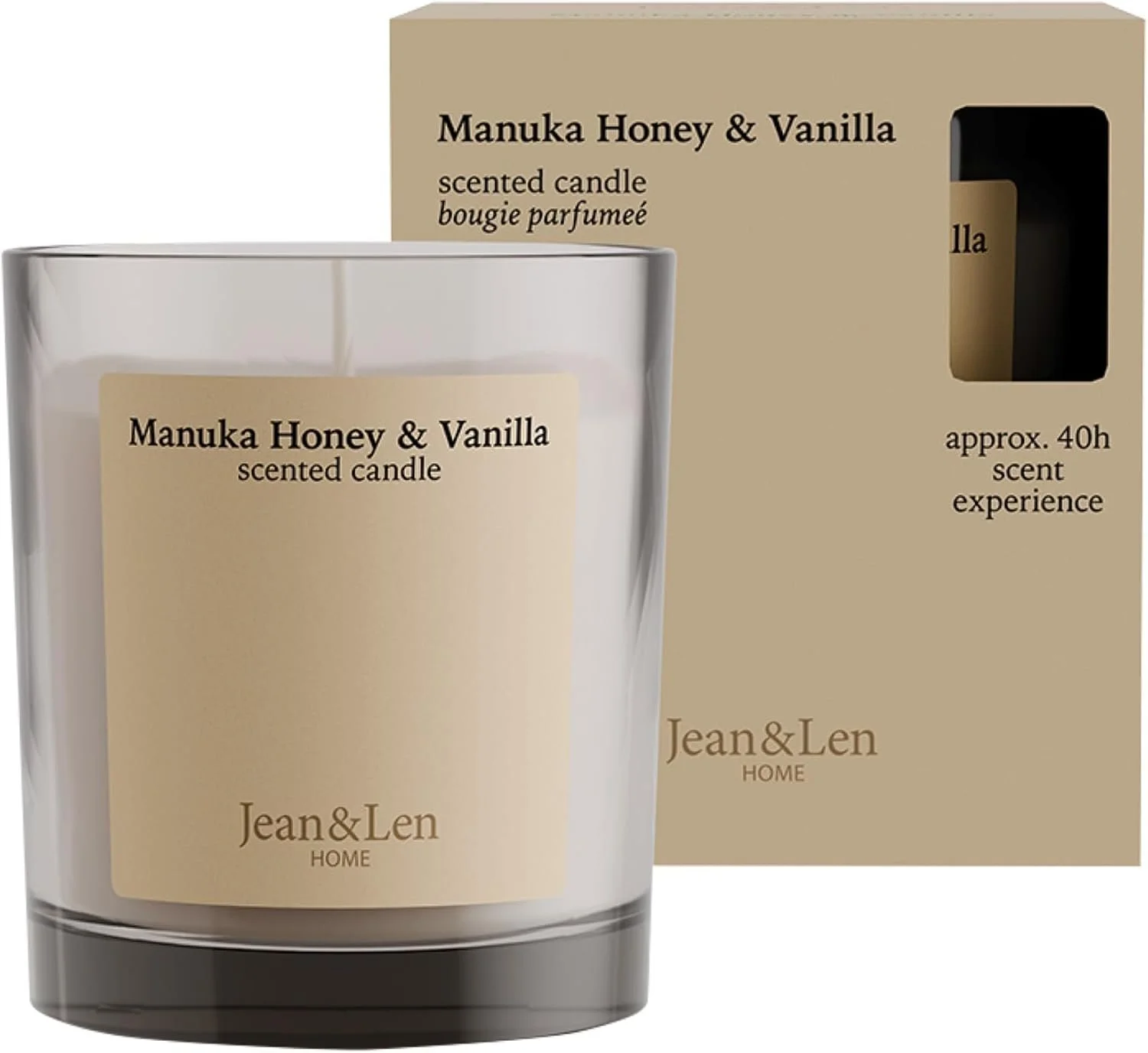 Duftkerze "Manuka Honey & Vanilla" von Jean&Len HOME im Glas. Daneben steht die schlichte beige Verpackung, die ca. 40 Stunden Dufterlebnis verspricht.