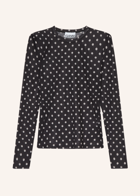 Schwarzes Langarmshirt mit weißen Punkten und engem Rundhalsausschnitt.