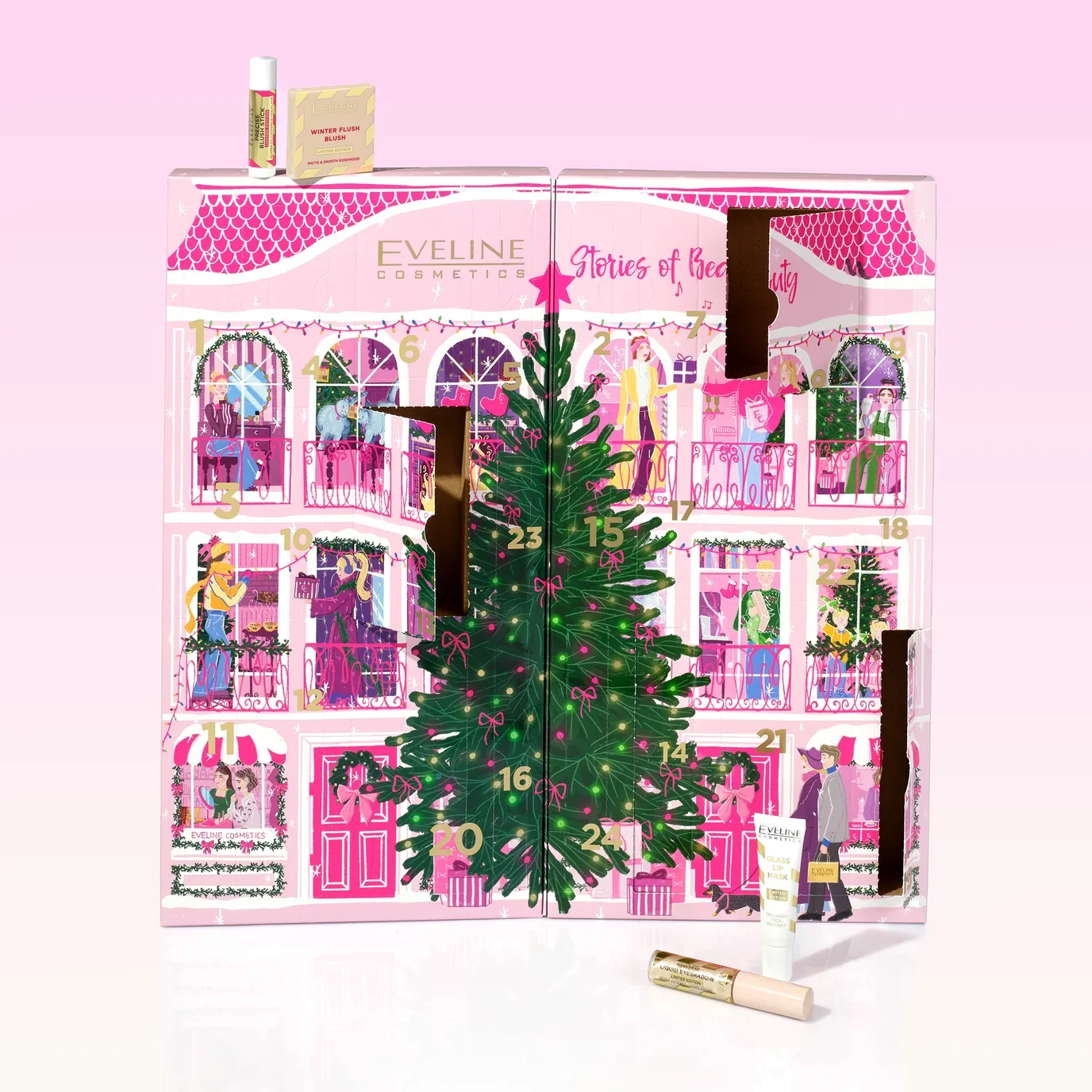 Pinkfarbener Beauty-Adventskalender von Eveline Cosmetics im Design einer Hausfassade mit winterlichen Fensterszenen und einem großen, zentralen Weihnachtsbaum. Ausgewählte Kosmetikprodukte sind auf und vor dem Kalender platziert.
