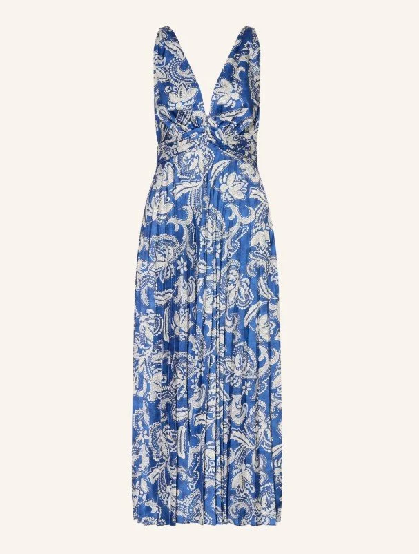 Plissee-Maxikleid in Royalblau mit weißem Paisley-Muster und V-Ausschnitt - Statement Hochzeitsgast Look 2026